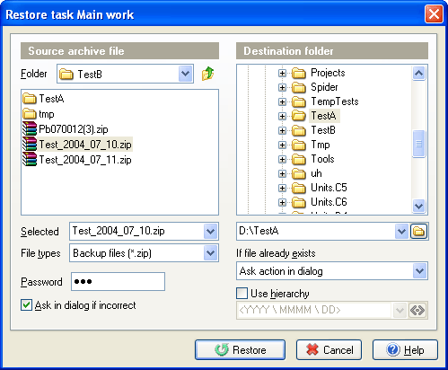 Task restore (unzip) window